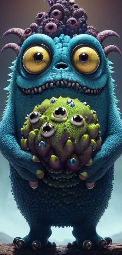 Cute blue monster with yellow eyes holding a colorful item in a fantasy setting.