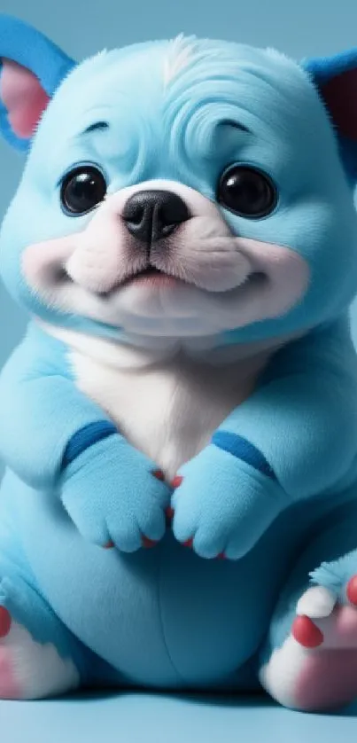 Adorable blue puppy with a playful expression on a sky blue background.