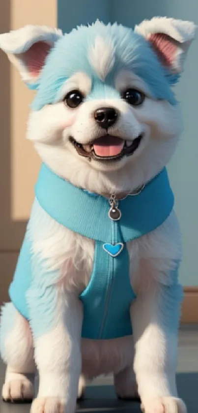 Cute cartoon puppy in a blue vest on mobile wallpaper.