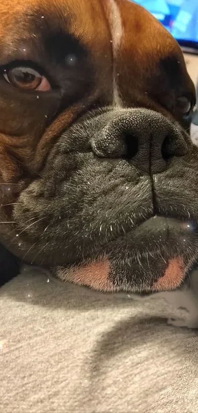 Close-up of adorable Boxer dog face in a cozy setting.