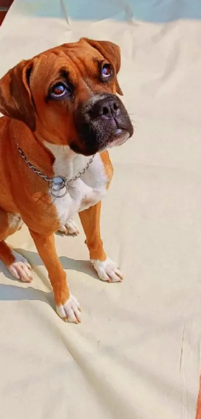 Adorable Boxer dog with soulful eyes looking up on a tan background.