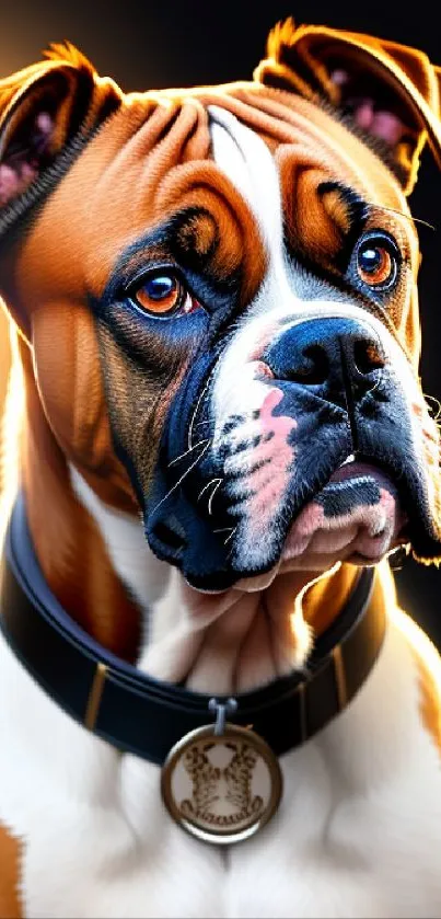 Realistic portrait of a Boxer dog with a focused and attentive expression.