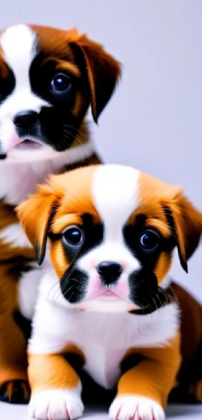 Two cute Boxer puppies sitting together on a white background.