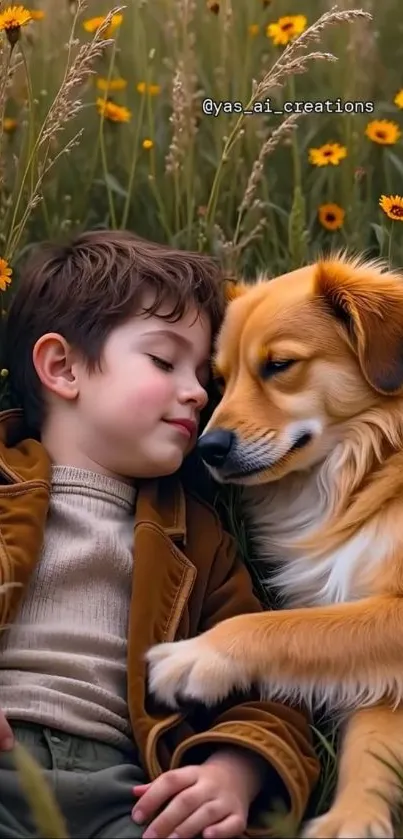 Boy and dog resting in flower-filled field.