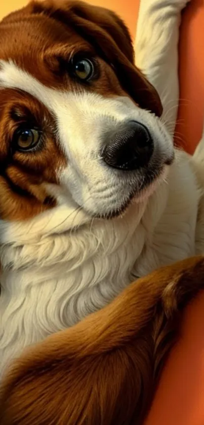 Adorable brown and white dog lying on an orange bed.