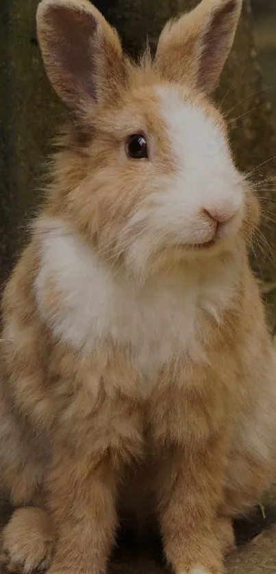 Adorable brown and white bunny sitting outdoors.