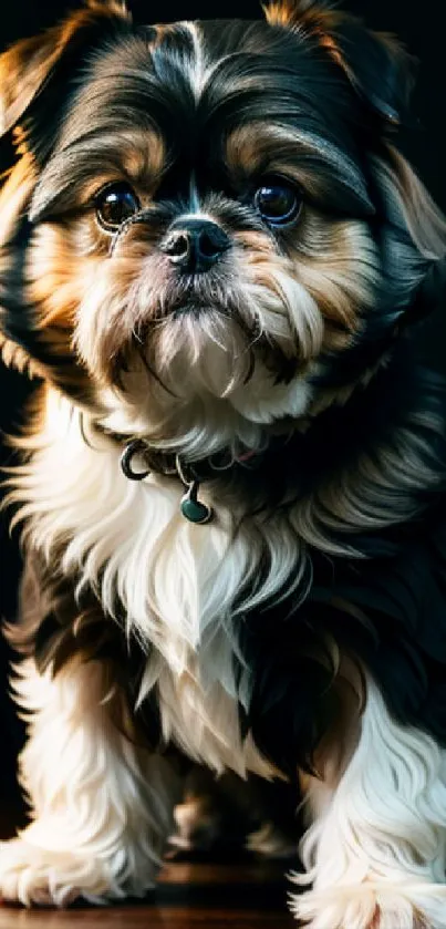 Cute brown and white Shih Tzu puppy sitting on dark floor.