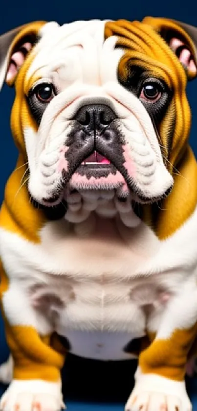 Cute bulldog with striking markings on a blue background.