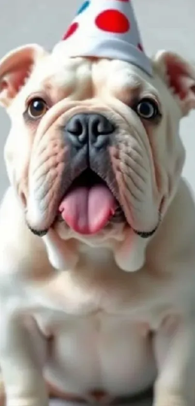 Adorable bulldog wearing a party hat.