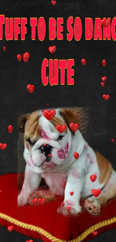 Cute bulldog with lipstick marks on a red cushion.