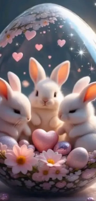 Three cute bunnies in a magical floral egg.