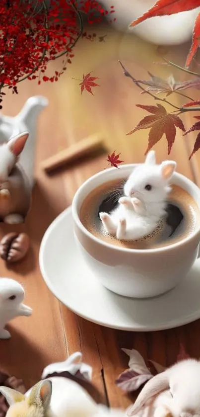 White bunnies sitting in a coffee cup surrounded by autumn leaves.