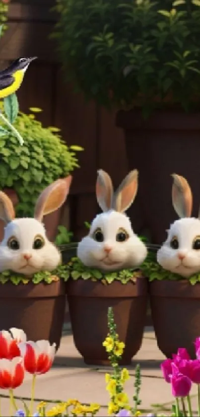 Three adorable bunnies in flower pots surrounded by colorful flowers.