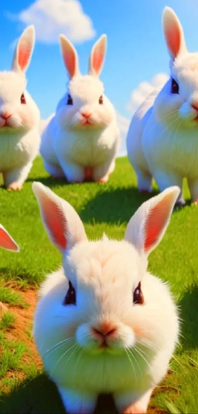 Adorable white bunnies on a green field under blue sky with fluffy clouds.