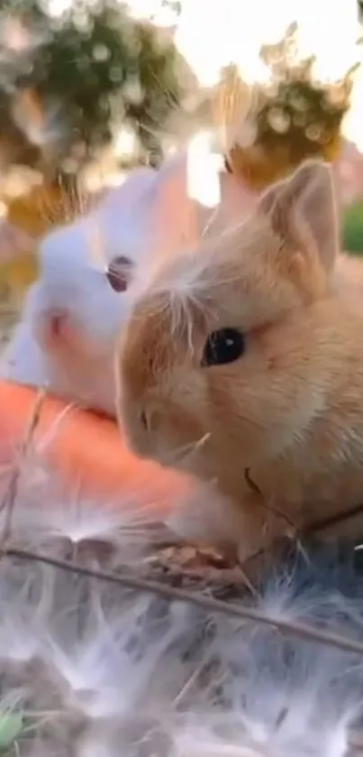 Two adorable bunnies in a natural setting with soft, fluffy surroundings.