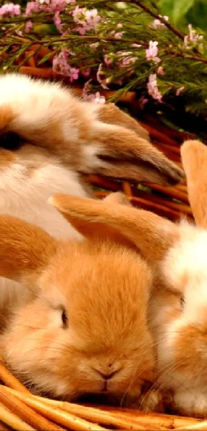 Adorable bunnies in a basket with spring flowers and surrounding greenery.