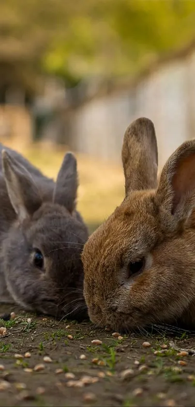 Two adorable rabbits on a grassy path on a sunny day.