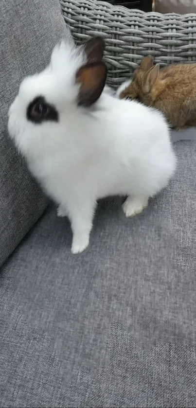 White and brown bunnies sitting on a grey couch.