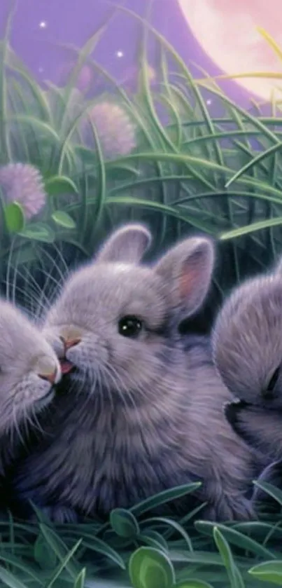 Fluffy bunnies in a moonlit meadow with lilac sky.