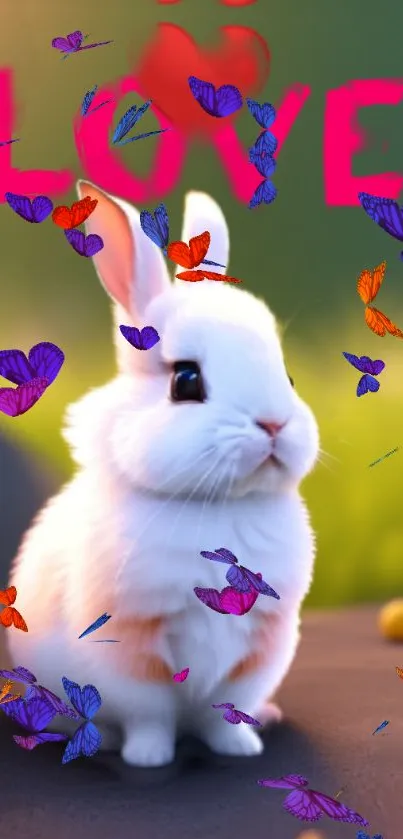 Adorable bunny with butterflies on a vibrant, love-themed wallpaper.