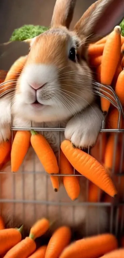 Cute bunny surrounded by bright carrots in a playful, vibrant setting.
