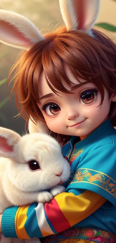 Child with bunny ears hugging a white rabbit in a lush green background.