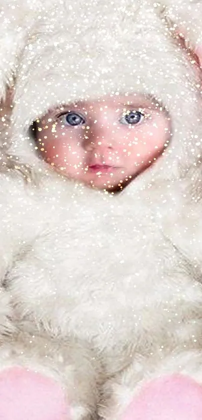 Adorable baby in fluffy bunny costume wallpaper.