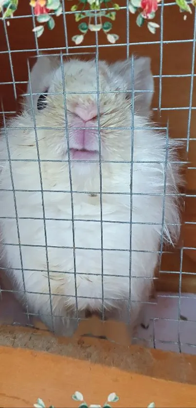 Fluffy white bunny behind wire cage with wooden background.