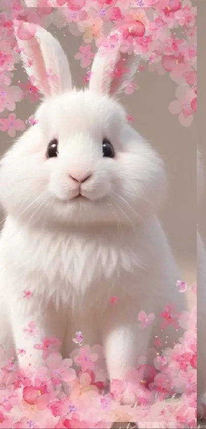 Adorable white bunny with pink cherry blossoms in soft pastel hues.