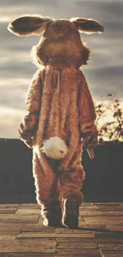 Child in a fluffy bunny costume walking on a path under a moody sky.