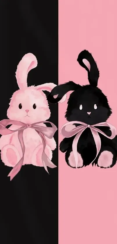 Cute pink and black bunnies mobile wallpaper with ribbons.