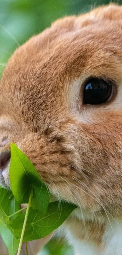 Adorable brown bunny eating green leaf wallpaper.