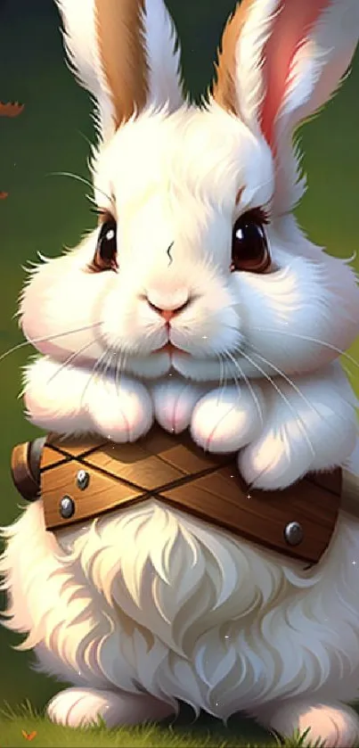 Fluffy white bunny in a mystical forest wallpaper.