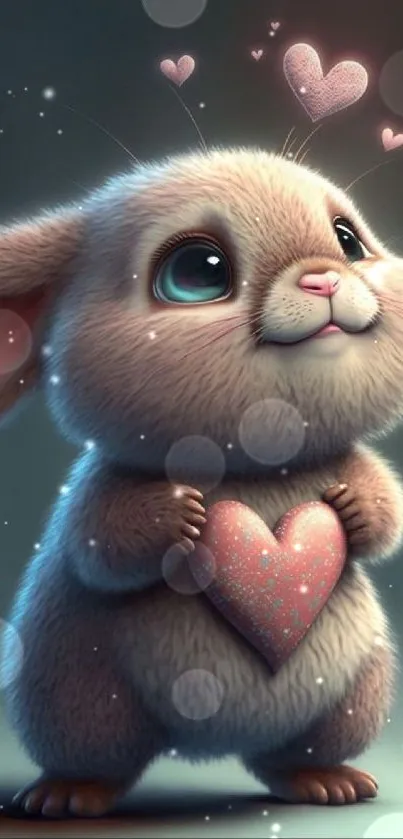 Cute bunny with heart in pastel colors, ideal for a phone wallpaper.