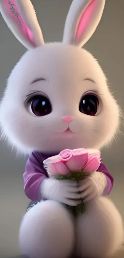 Cute white bunny holding pink flowers on a gray background.