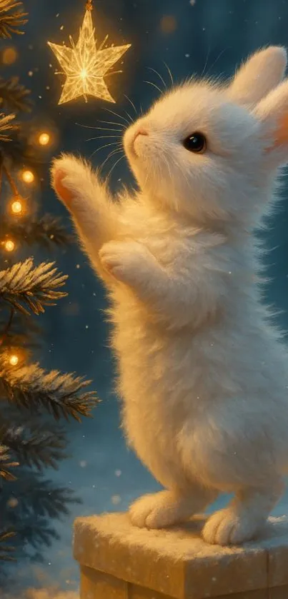 Adorable bunny reaching for a glowing star in a festive setting.