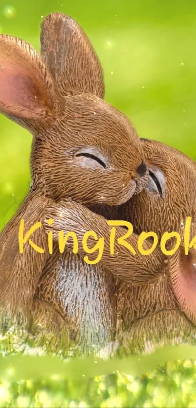 Two cute bunnies hugging on a green background with the text 'KingRook'.