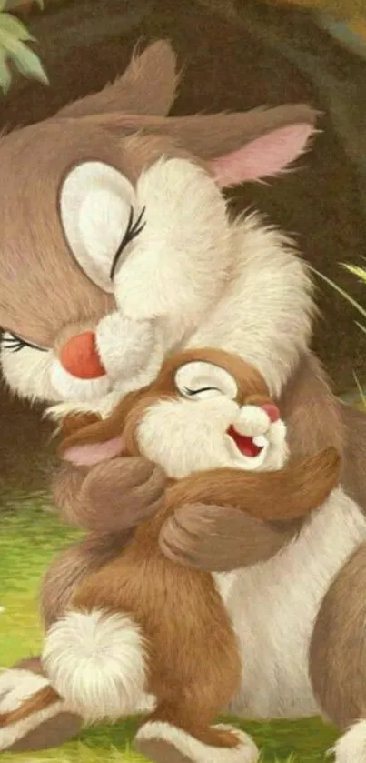 Adorable bunnies hugging with nature background.