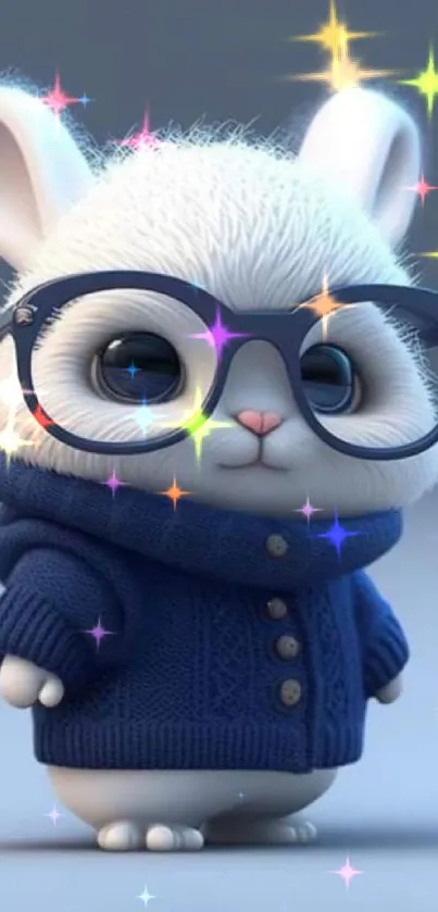 Adorable white bunny with glasses and a blue sweater.