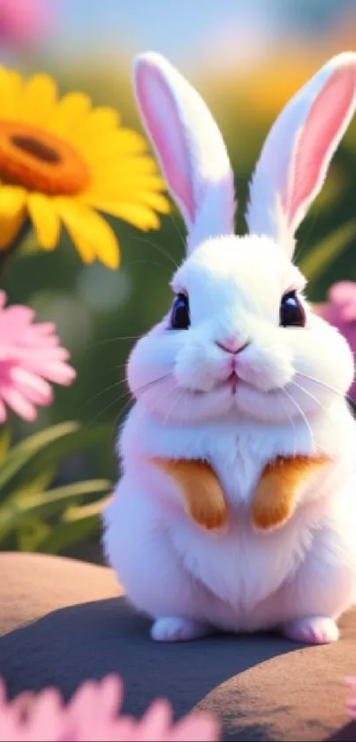 Cute fluffy bunny with flowers mobile wallpaper.