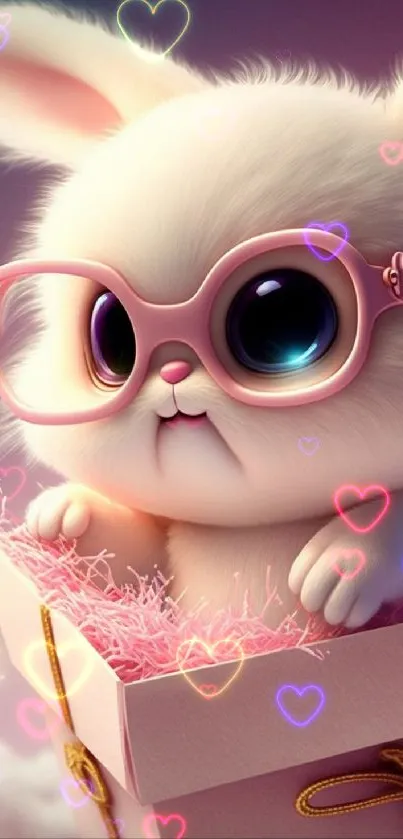 Cute bunny with glasses in a pink gift box.