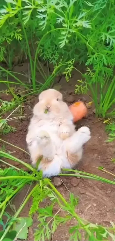 Fluffy bunny lounging in a green garden with a carrot beside it.