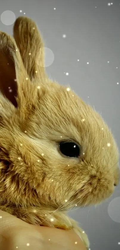 Cute bunny rabbit held gently in a hand against a soft background.