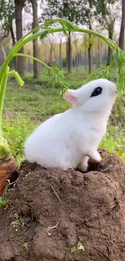 Adorable white bunny sitting on a carrot mound in a lush green forest.