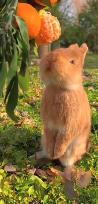 Cute bunny near orange tree in a garden.