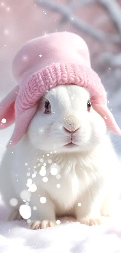 White bunny wearing pink hat in snow.