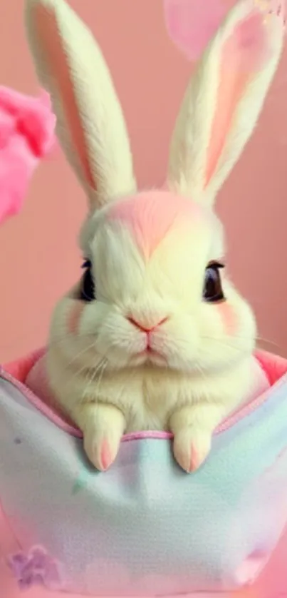 Adorable bunny with pink pastels on mobile wallpaper.