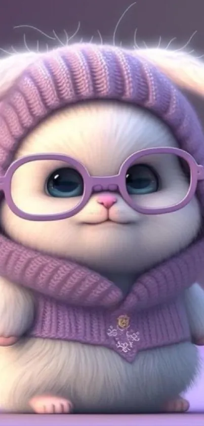 Adorable bunny in purple hoodie with glasses mobile wallpaper.