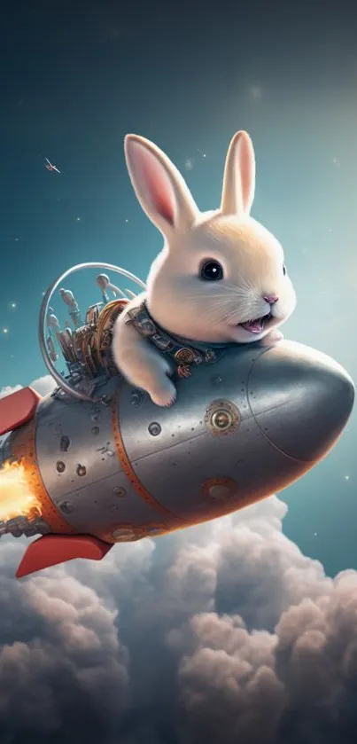 Cute bunny piloting a steampunk rocket in the sky.