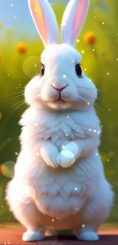 Adorable white bunny in a vibrant spring meadow with yellow flowers.